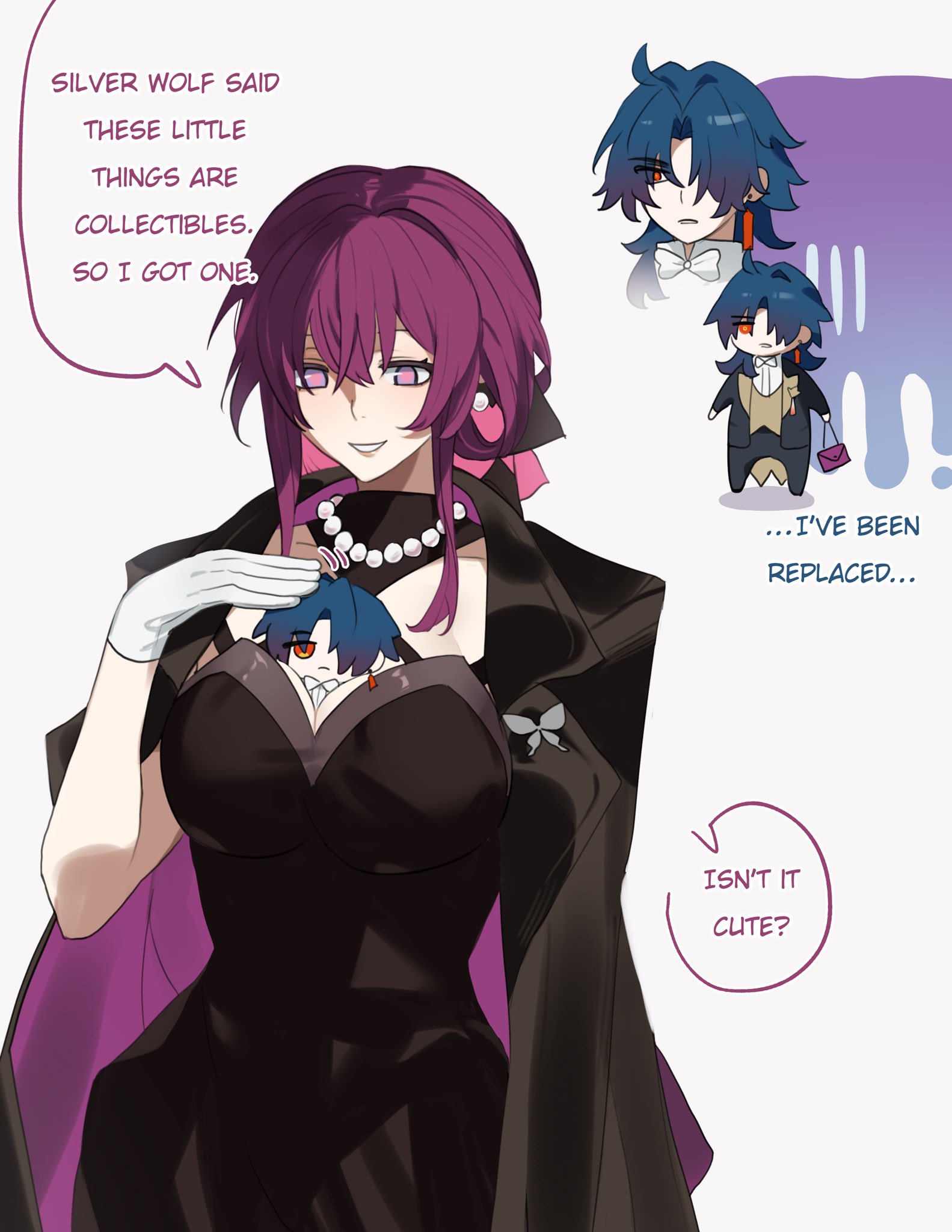 a purple haired anime girl in a black dress holds a chibi version of herself in her arms. the girl is smiling as she looks at the chibi figure. the caption says "silver wolf said these little things are collectibles. so i got one... i've been replaced... isn't it cute?"