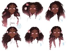 the image presents six variations of a character design sketch, primarily showcasing different hairstyles on a young black woman. each variation experiments with the arrangement of her curly hair, the placement of flower accessories, and slight differences in the hair's volume and flow.