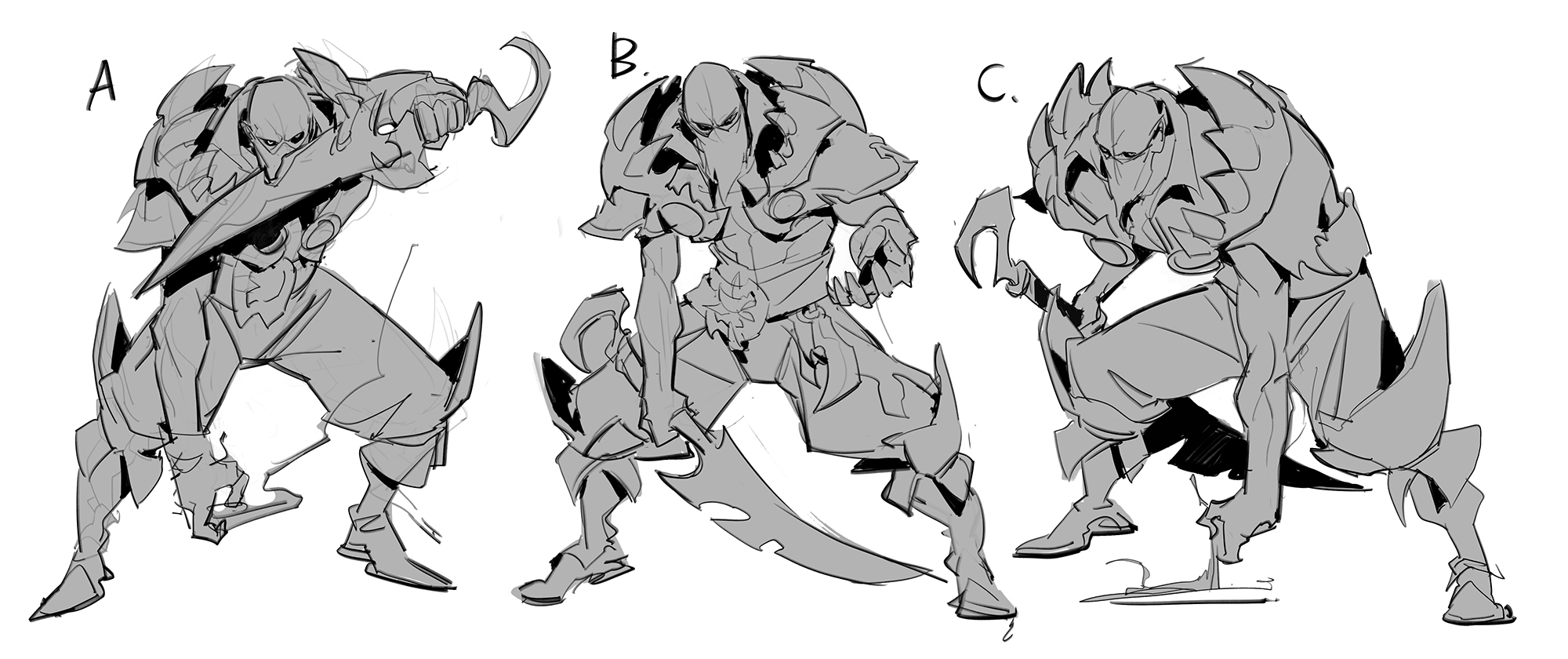 he image shows three different sketches of a fantasy warrior character design. each sketch (labeled a, b, and c) presents a variation on the character's pose and the weapon they wield.  the style is rough and sketchy, typical of concept art in the early stages of development.  the character appears to be armored and has a somewhat monstrous or demonic look. the sketches are in grayscale, with varying shades of gray to indicate form and depth.