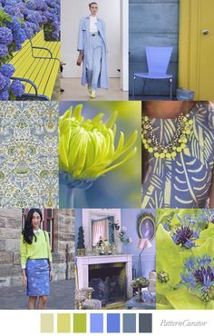 a collage of images featuring various styles and patterns, including a woman in a blue dress and a flower in yellow and green. the color palette is blue, yellow and green. the images include a flower, a room with a fireplace, a woman in a dress, and a door with a chair. the bottom of the collage has a row of color swatches representing the colors used in the images.