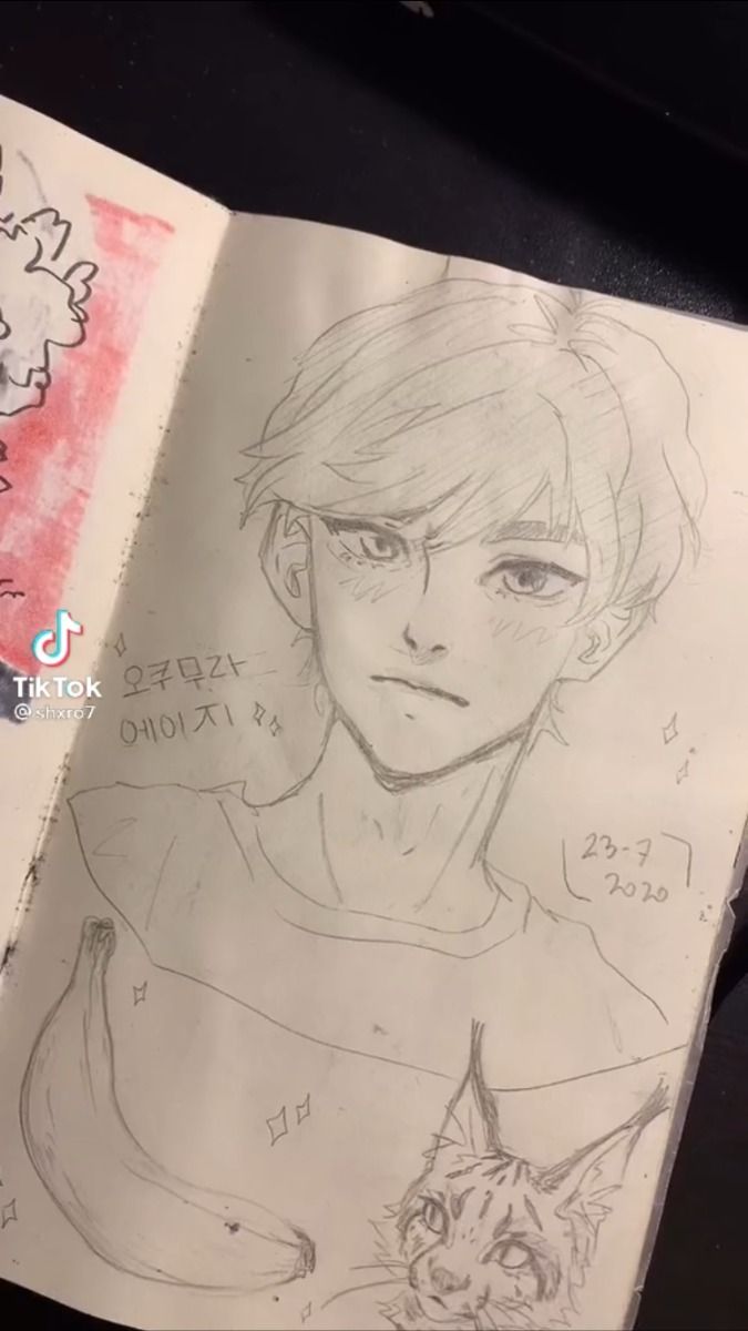 the image shows an open sketchbook containing several drawings. the most prominent is a pencil sketch of a young man, possibly animeinspired, with short hair and a somewhat melancholic expression. below him, a partial sketch of a lynx or similar cat is visible.  a banana is drawn to the left, and some small doodles are scattered around.  there's also some watercolorlike pink shading on the left page and korean text near the top, alongside a date (2372020). the overall style is loose and expressive, indicative of a personal sketchbook.