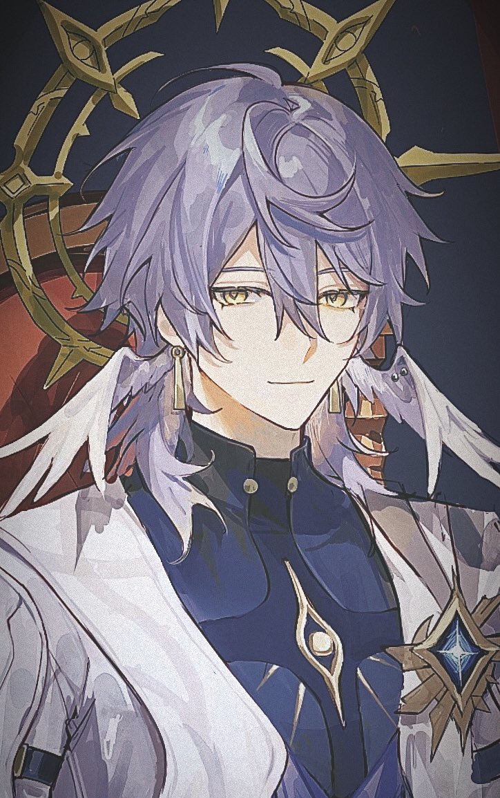 the image features a young male anime character with long, flowing purple hair, blue eyes, and a gentle smile. he is adorned with a gold halo, and he wears a white garment with gold jewelry. he appears to be a celestial or divine figure, possibly a god. the image is painted in a style reminiscent of manga and anime, with a strong emphasis on detail and vibrant colors. the background is a dark blue, which contrasts with the character's bright clothing and features.