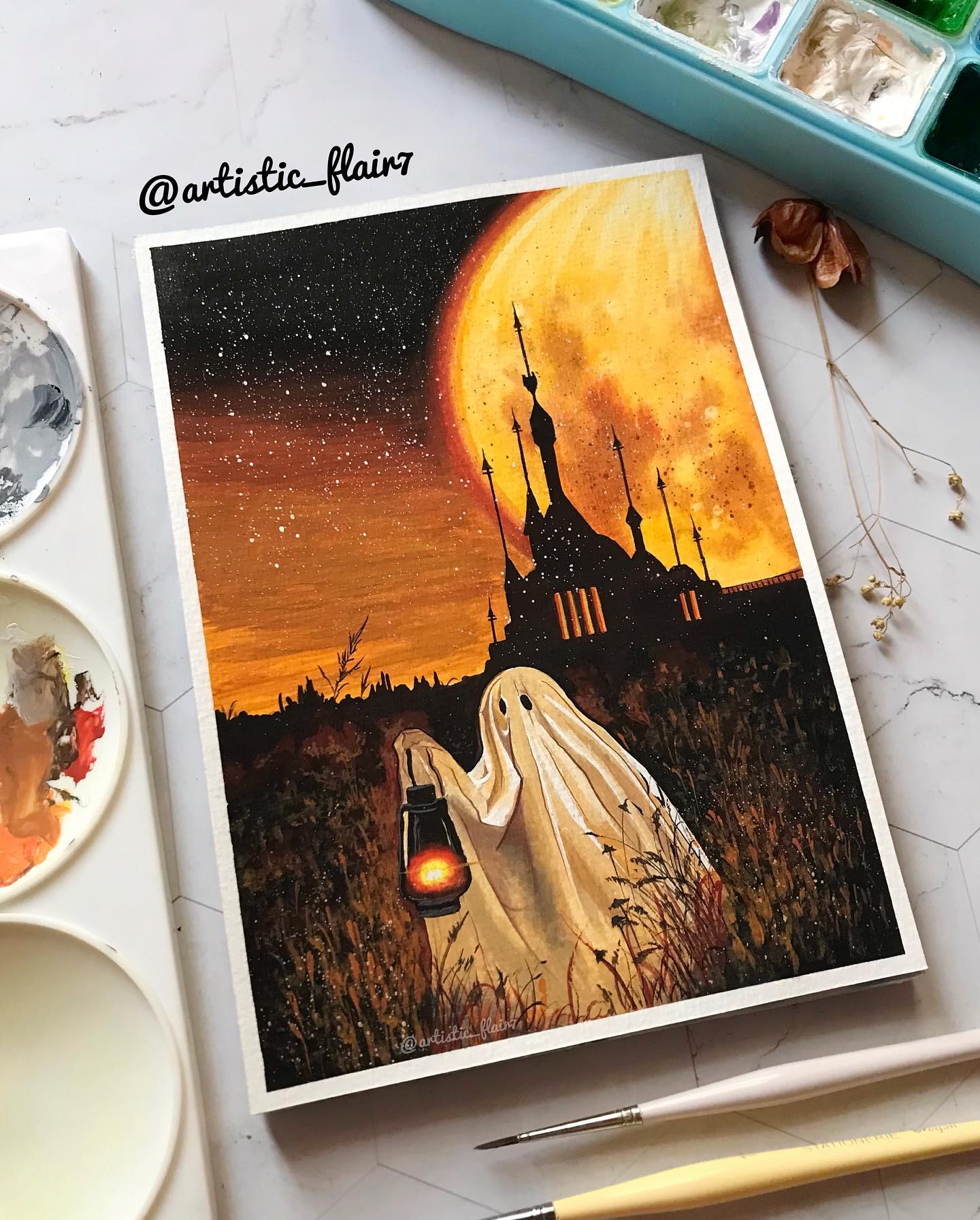 a watercolor painting depicts a ghost holding a lantern in the foreground. in the background, a castlelike structure is silhouetted against a large, orange full moon. the setting appears to be a field at night. the overall color palette is dark and warm, with a focus on oranges, browns, and blacks.