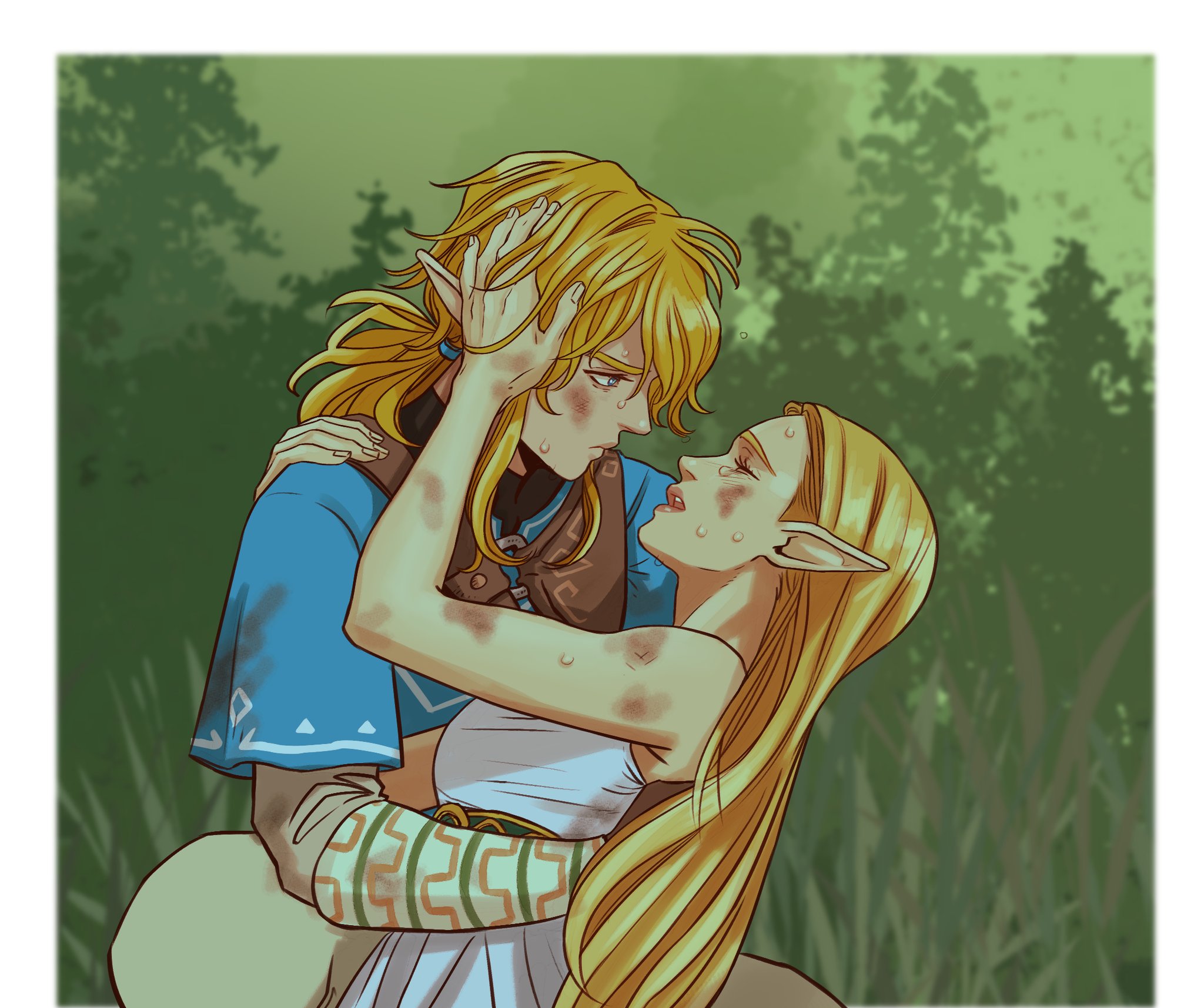 a digital art depiction of link and zelda from the legend of zelda video game series. they are embracing in a romantic and emotional moment. both characters have blonde hair and pointed ears, characteristic of their appearances in the games. they are visibly injured with wounds and bruises on their faces and bodies, suggesting they have been through a difficult ordeal. the background features a natural outdoor setting with grass and trees. zelda leans towards link as he holds her.