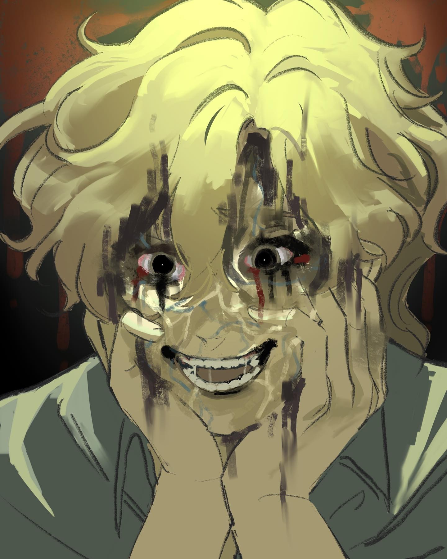 a closeup portrait of a man with a haunting expression, possibly a ghost or demonic figure. he is depicted with streaks of blood and tears, emphasizing the horror of the image.