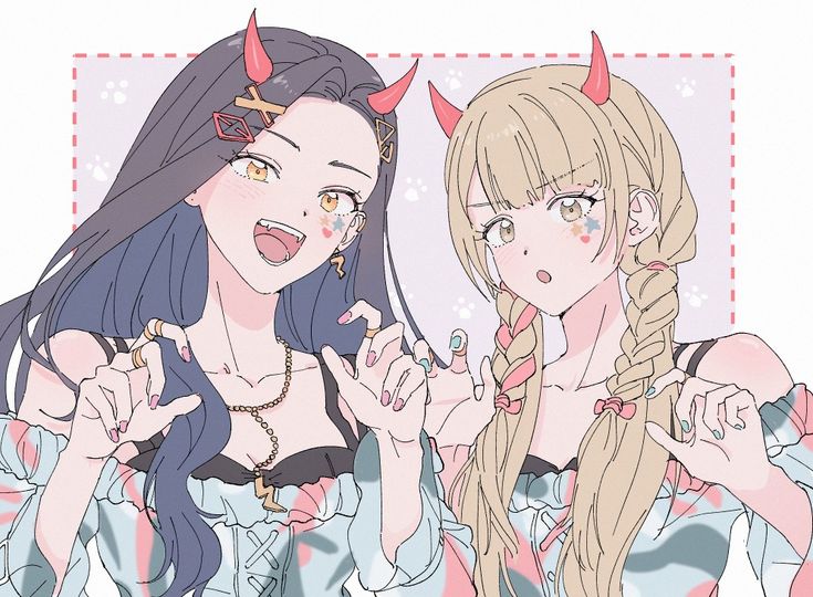 the image shows two animestyle girls with horns, wearing matching outfits. one girl has dark hair with hair clips and a necklace, while the other has blonde hair in braids. they both have colorful stars painted on their faces and are making clawing gestures with their hands. the background features paw prints.