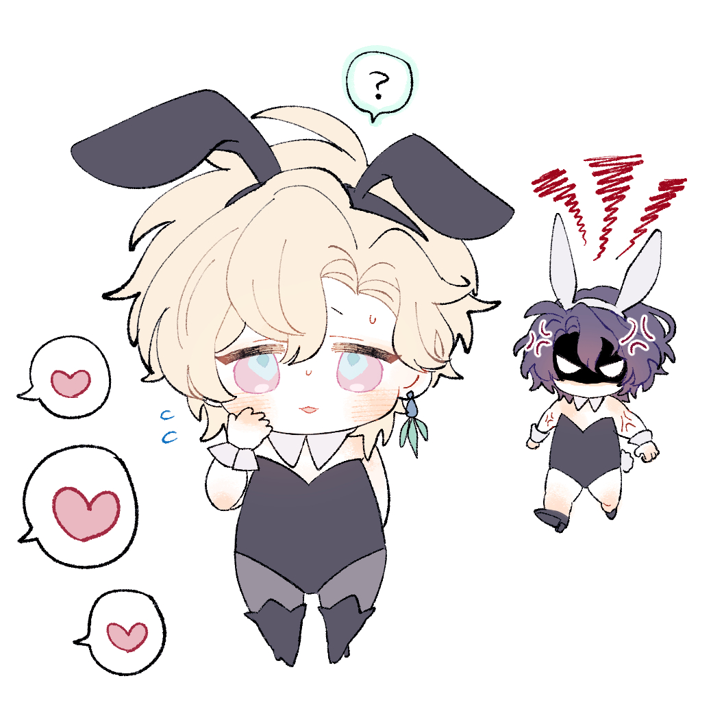 he image is a digital drawing featuring two chibistyle anime characters dressed in bunny costumes. the character on the left has blonde hair and is blushing, while the character on the right has dark purple hair and an angry expression. the drawing includes speech bubbles indicating emotions and a question mark. the art style is cute and slightly stylized, with soft lines and pastel colors.