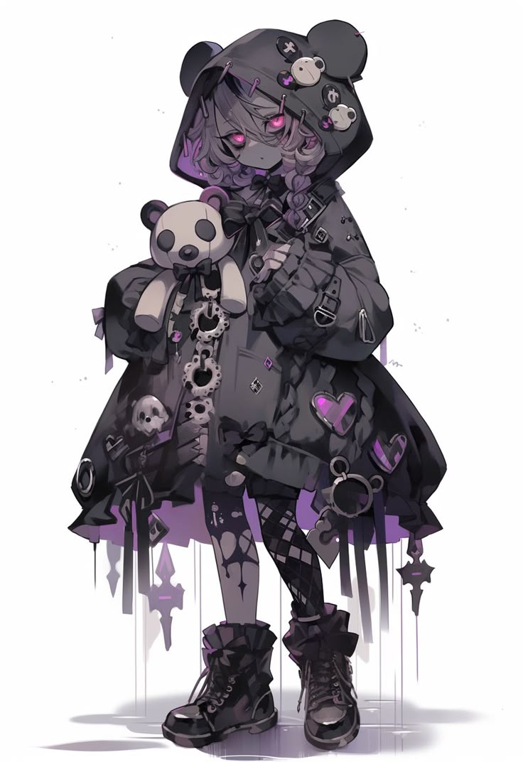 an anime style illustration depicts a gothicthemed girl. she wears a black outfit with a hooded cape, complete with bear ears on the hood. she carries a panda bear stuffed animal, and her clothing is adorned with ribbons, crosses, hearts, buckles, buttons, and gear decorations. she has pink eyes, a braid, and wears patterned tights with boots.