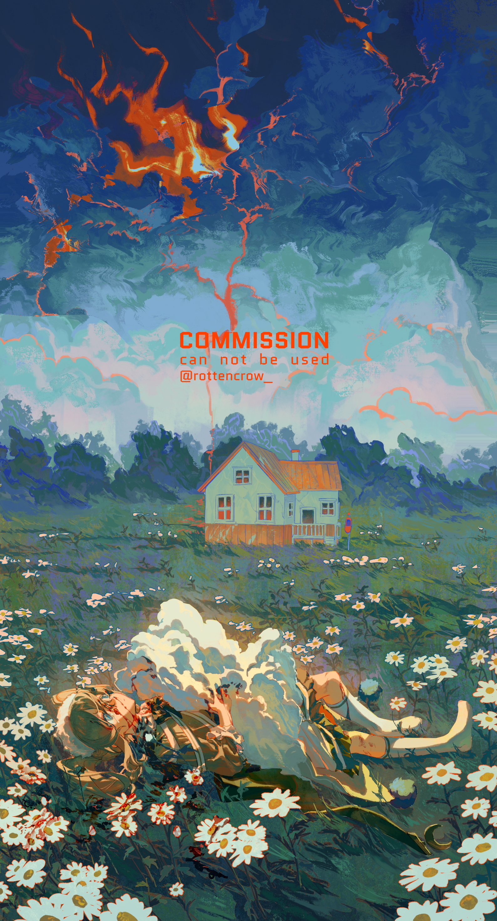 a digital art piece with a surreal, dreamlike style. the scene takes place in a field of daisies under a cloudy, stormy sky with red lightning bolts. there is a small cottage in the background and in the foreground, a person is laying down in the grass.  the artwork is labeled "commission, can not be used."