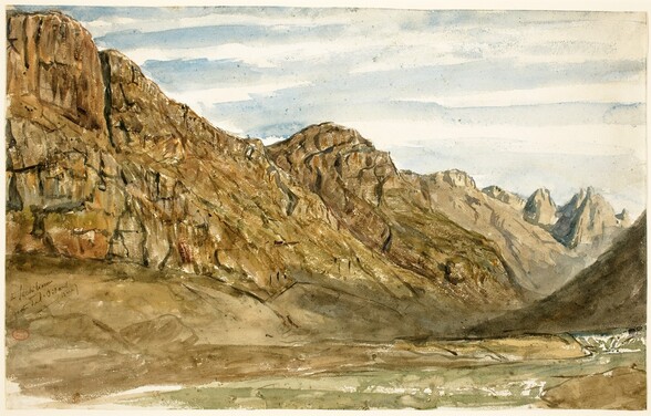the image is a watercolor painting depicting a mountainous landscape. rocky mountains dominate the scene, with varying heights and textures. a canyon or valley is visible between the mountains, with a lightcolored sky above featuring faint clouds. the artist has used light and shadow to create depth and dimension. an artist's signature is visible in the lowerleft corner.