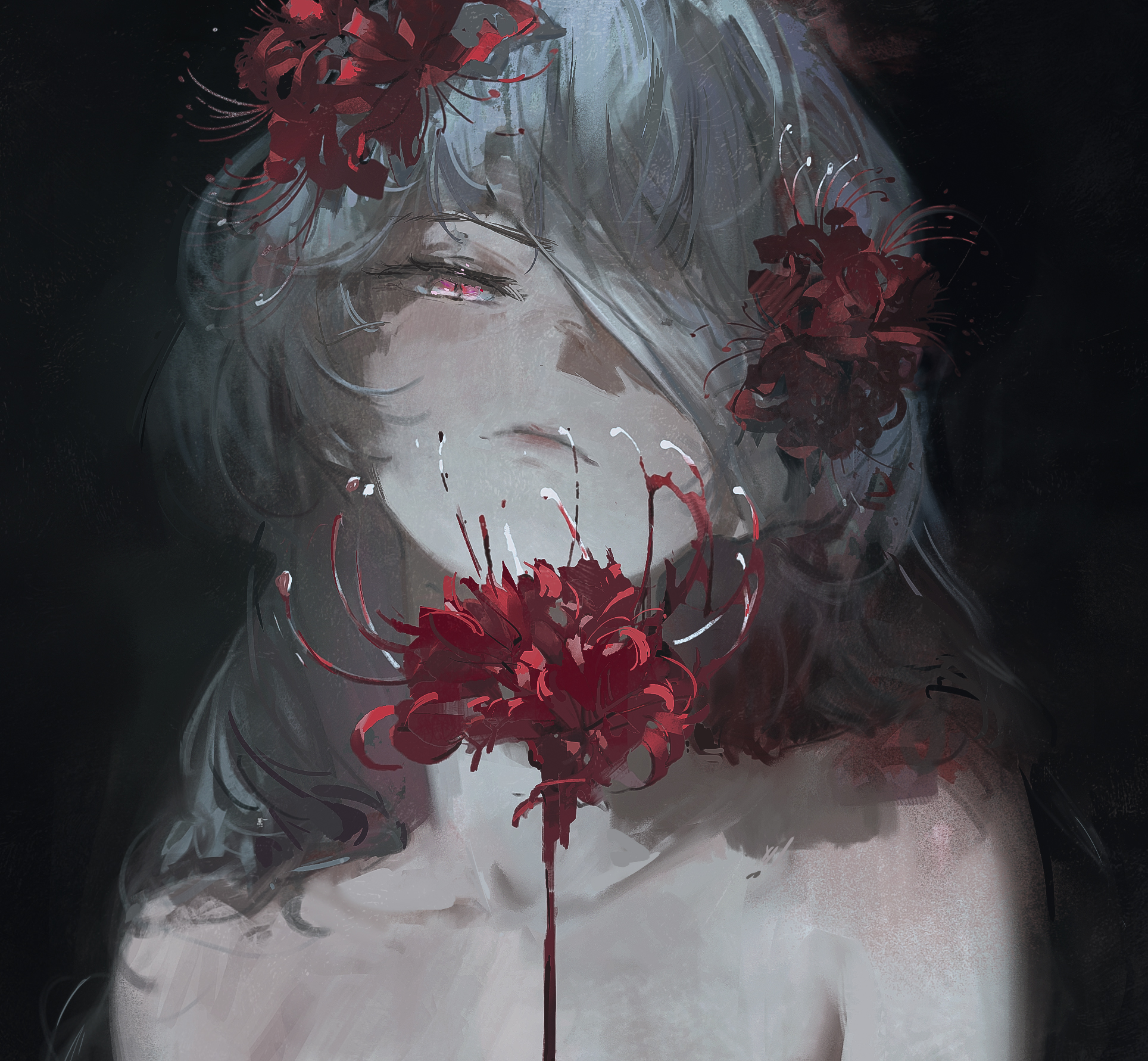 the image is a digital painting or illustration in an anime/manga style.  it depicts a young woman or girl with long, flowing gray or white hair. she has a pale complexion and a somewhat melancholic expression. her face is partially obscured by strands of her hair and several vibrant red spider lilies (lycoris radiata).  the flowers are prominently featured, some adorning her hair and one large bloom seemingly growing from her chest, with its stem dripping a substance that resembles blood. the overall mood is dark, somber, and slightly mysterious, with a focus on the emotional depth expressed through the character's expression and the imagery of the bloodred flowers. the artistic style is painterly and loose, creating a somewhat ethereal and dreamlike atmosphere.