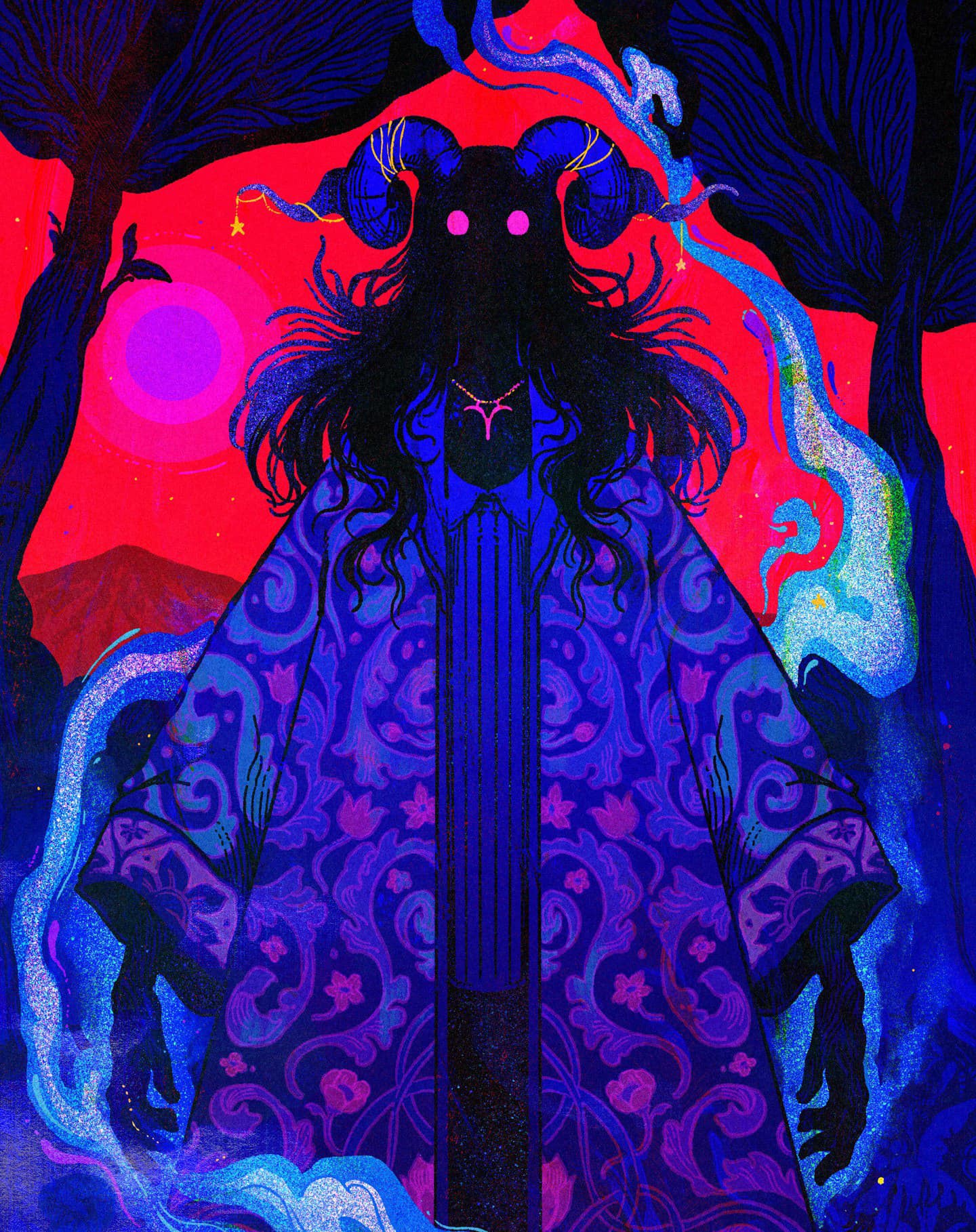 this is a digital artwork depicting a fantasy character in a dark, eerie forest. the character is a dark silhouette of a demon or monster, with horns, wearing a long purple robe with floral patterns. the background is a surreal, glowing night sky with red and blue hues, with stars and a mysterious, luminescent object. the whole scene is dark and mystical, with an air of mystery and suspense. the glowing smoke around the character adds to the surreal and magical atmosphere.