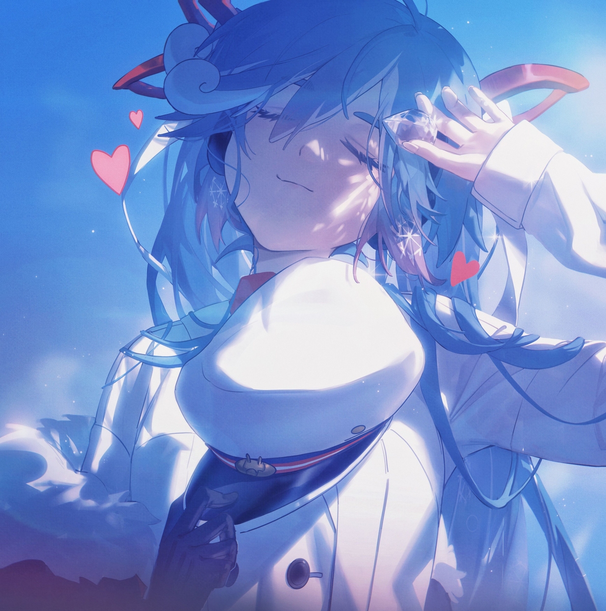 an anime girl with blue hair is smiling and shielding her eyes from the sun. she's wearing a white uniform with a matching hat. there are pink hearts floating around her.