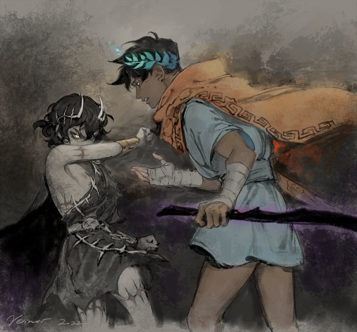 a fanart depiction of a dramatic confrontation between zagreus and thanatos from the video game hades. zagreus, on the right, is depicted in color with a wreath on his head, wearing a blue tunic and a cape. thanatos, on the left, is grayscale and partially shaded, with a stern expression. both are in a dynamic pose, suggesting tension and conflict. the background is a mix of light and dark, enhancing the intensity of the scene.