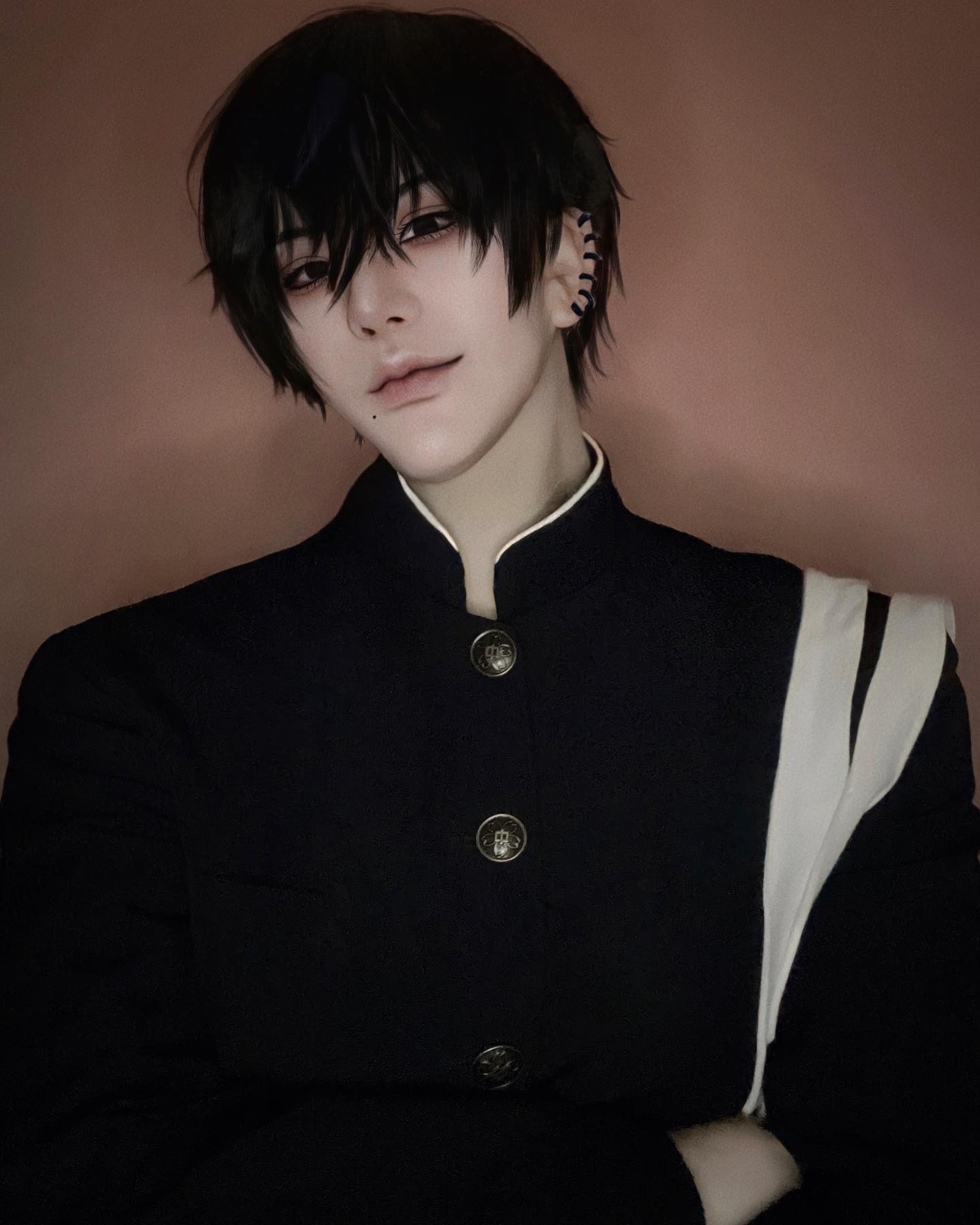 a young male cosplayer with black short hair wears a black jacket with white stripes, a white collar and dark buttons. he is looking at the camera and is wearing a school uniform.