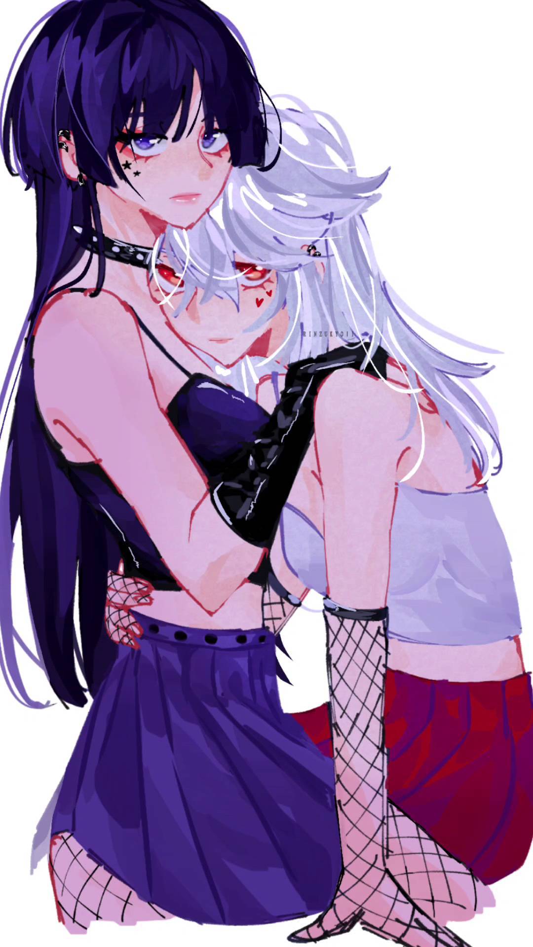 the image is a digital drawing or fanart depicting two animestyle girls in a close embrace.  one girl has long, dark purple hair styled with bangs, and is dressed in a dark purple skirt, black choker, black gloves, and fishnet stockings. the other girl has long, flowing white hair and is wearing a light purple top and a dark red skirt. she also has fishnet stockings. the overall style is a mix of dark and pastel aesthetics, with a focus on soft colors and a romantic, intimate mood. the art style is loose and painterly, with visible brushstrokes.