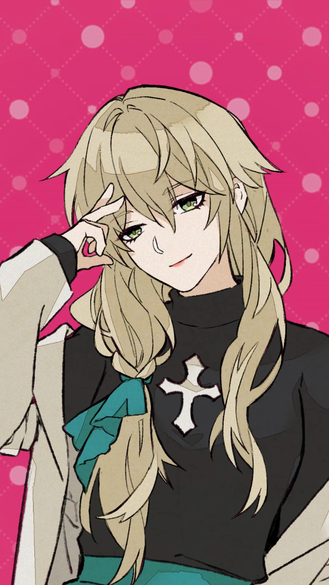 the image is a stylized digital drawing of an anime girl. she has long blonde hair styled in a loose braid with a teal ribbon. she's wearing a black shirt with a white cross emblem, a white jacket, and a teal skirt.  she has a confident expression and is gesturing with her hand near her face. the background is pink with white dots. the art style is clean and has a slightly muted color palette.