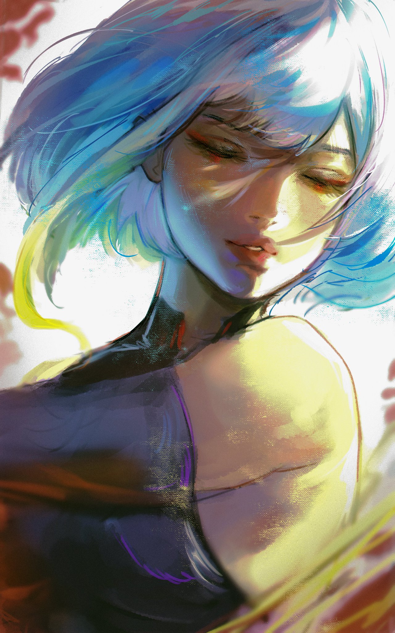 the image is a digital painting of a young woman with short, vibrant blue hair.  her eyes are closed, giving her a serene and peaceful expression. the style is painterly and abstract, with soft blending of colors and a textured appearance. the color palette is dominated by blues, yellows, and purples, with touches of other colors adding to the overall vibrancy. the light suggests a sunlit atmosphere. the woman's shoulders and back are visible, and she appears to be wearing a dark, possibly purple, garment.  the overall impression is one of ethereal beauty and a dreamy, fantastical atmosphere.