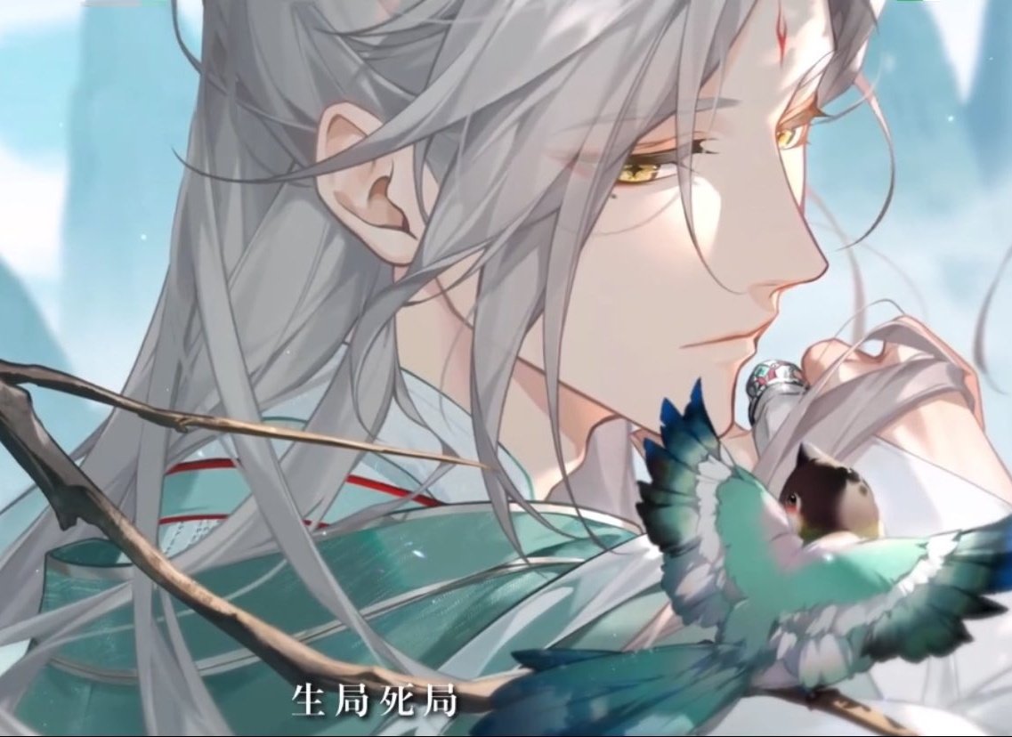 a portrait of a young man from an anime, he has long flowing silver hair and wears a blue and white clothing. he is holding a blue and green bird in his hand and looking off to the side. the background is a soft white and blue sky with a hint of green.