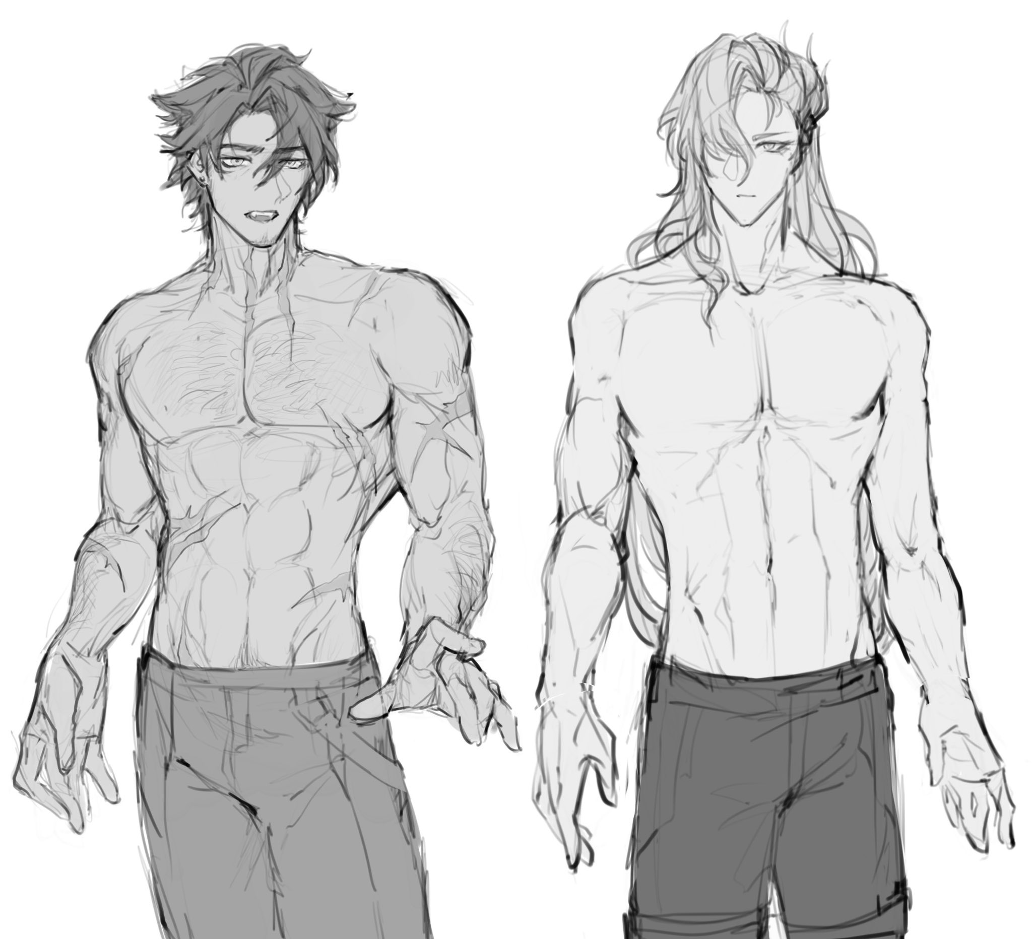 the image contains two grayscale sketches of shirtless male figures.  both figures are muscular and are depicted from the waist up, standing and facing forward.  the figure on the left has shorter, darker hair and a more intense expression, while the figure on the right has longer, lighter hair and a more neutral expression.  the style is loose and expressive, typical of concept art or character design sketches, focusing on anatomy and pose.  both figures are wearing simple shorts.  the line work varies in thickness, providing a sense of depth and form.
