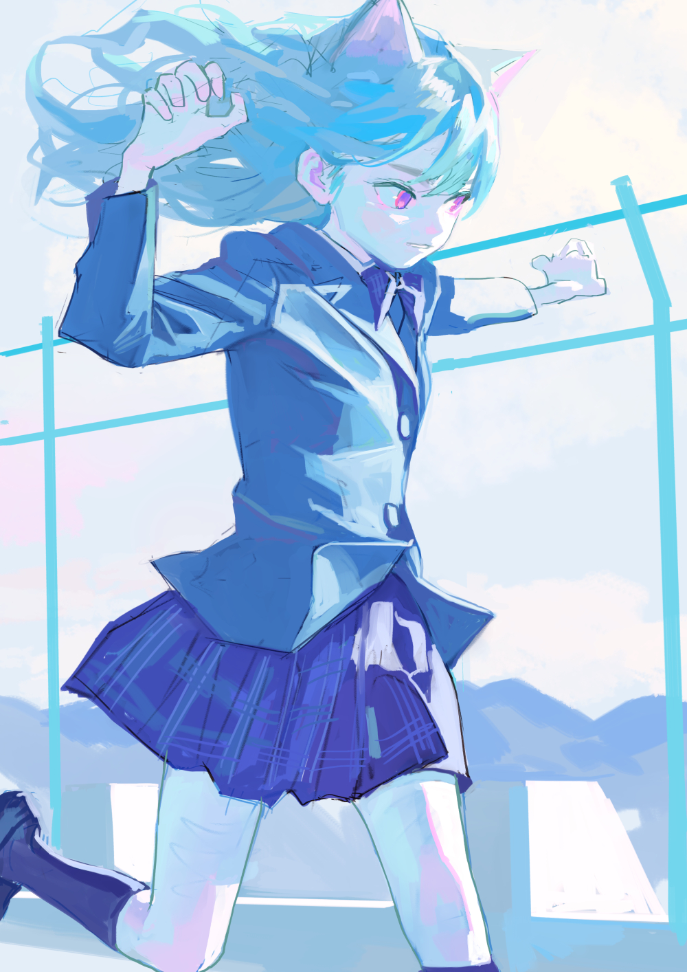 an anime girl with blue hair and cat ears, wearing a school uniform, is running with a determined expression in front of a fence.