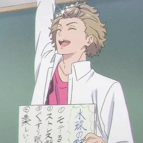 an anime boy in a classroom with his hand raised, holding a whiteboard. he is wearing a white buttondown shirt and a pink shirt underneath. he is smiling brightly with sparkling eyes.  his hair is short, spiky, and blonde. the background suggests he is in a classroom, possibly in front of a chalkboard.