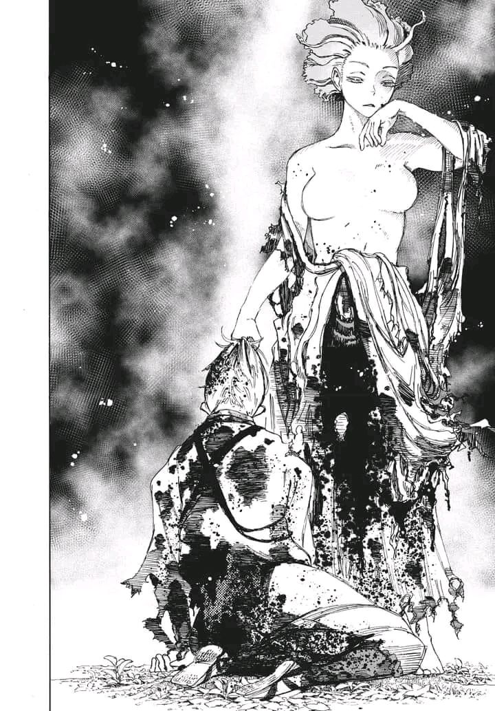 a monochrome manga panel depicts a tall, slender female character standing over a kneeling male character. the woman has an ethereal appearance with stylized hair and a draped cloth partially covering her body. she rests her hand on her chin, gazing down. the male character kneels before her, his back to the viewer, splattered with what appears to be dark liquid. the background is dark and abstract, with splatters and cloudy formations.
