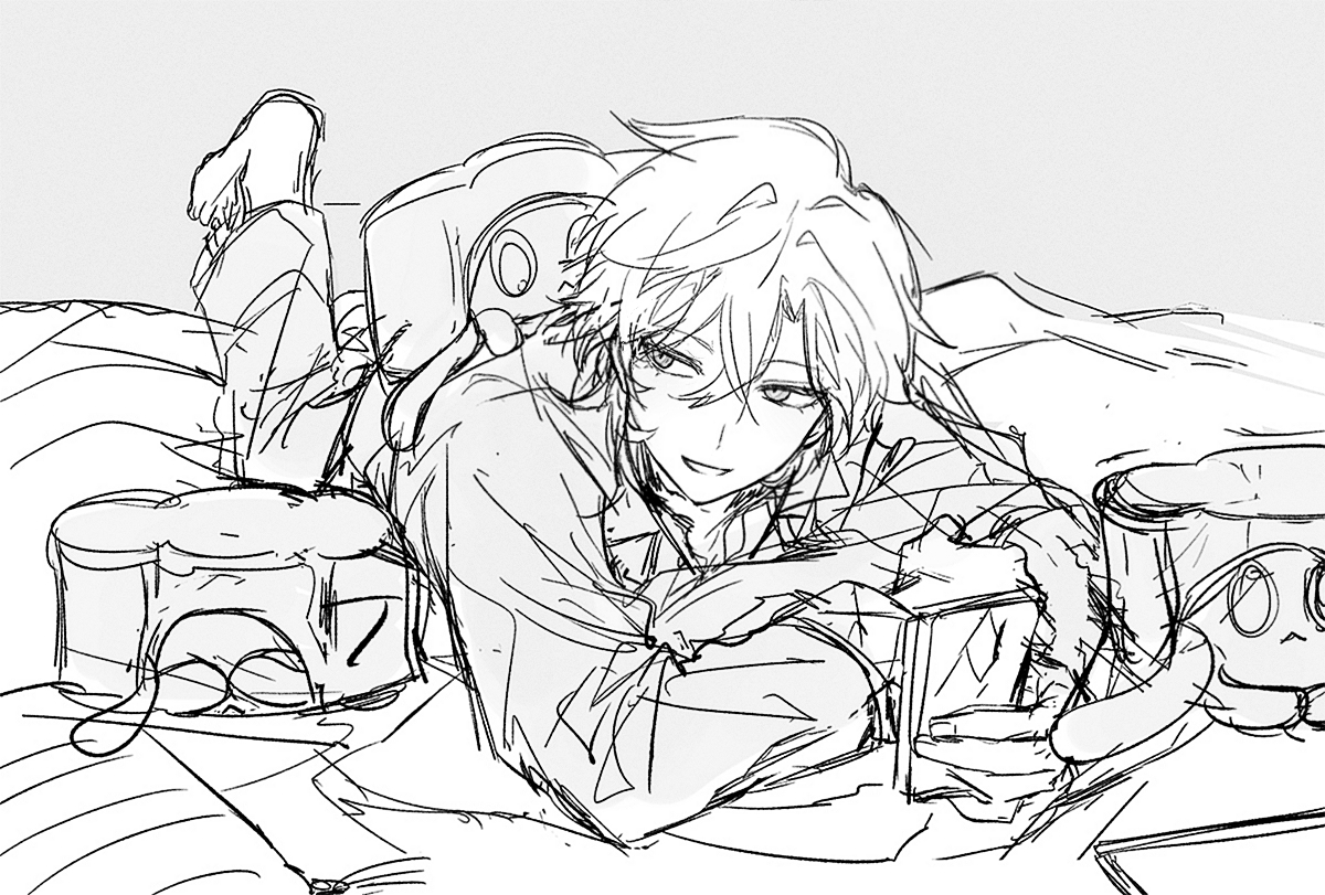 a black and white sketch of a young animestyle boy lounging in bed. he has light hair and is holding a book while also holding a plush toy. there are other items on the bed around him including cups and a what appears to be a small drum or container.  the style is loose and sketchy, giving it a casual and comfortable feel.