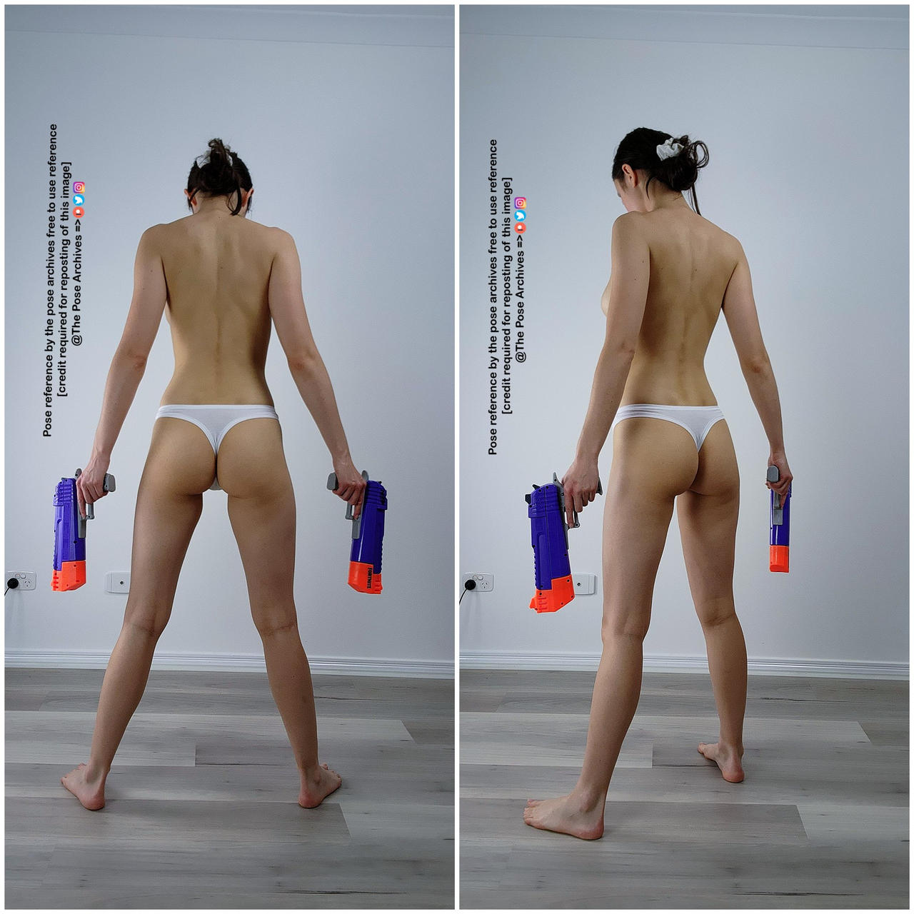 a woman is standing with her back to the camera. she is holding two toy guns, one in each hand. she is wearing white underwear and has her hair pulled back.