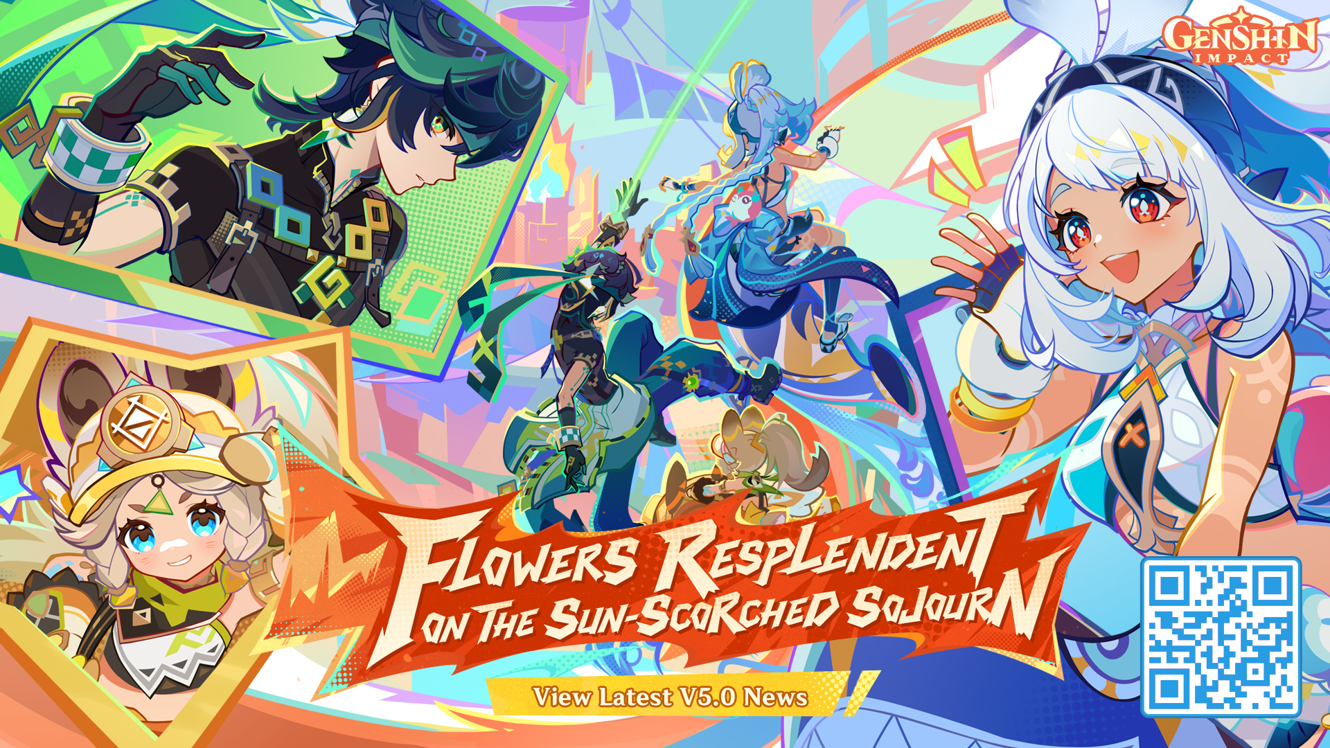 this is a promotional poster for genshin impact, a popular mobile game that features anime style art. it advertises the new update, "flowers resplendent on the sunscorched sojourn," version 5.0. the poster features four characters from the game, dehya, cyno, nilou, and kaveh. the poster also features a qr code that allows players to access more information about the update.