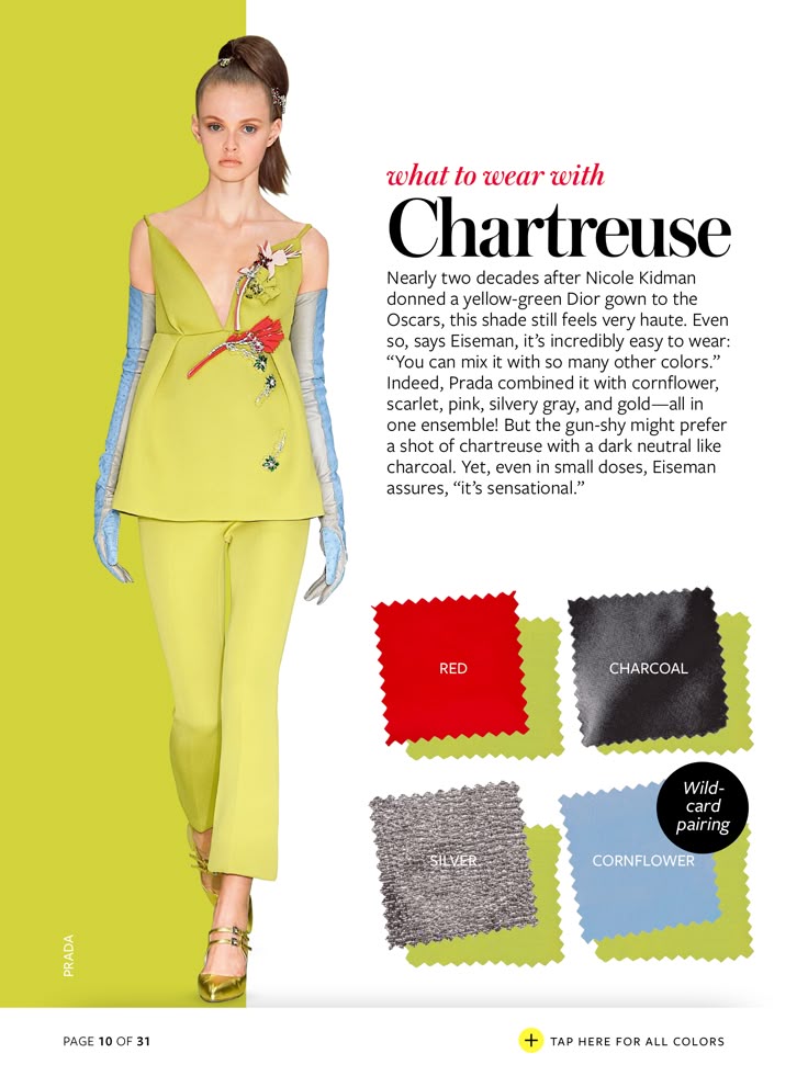a fashion magazine page titled "what to wear with chartreuse" features a model in a chartreuse outfit with accessories. the page includes text describing the color and suggesting pairings like red, charcoal, silver, and cornflower. fabric swatches accompany the text to illustrate the color combinations. the article also mentions nicole kidman and prada.