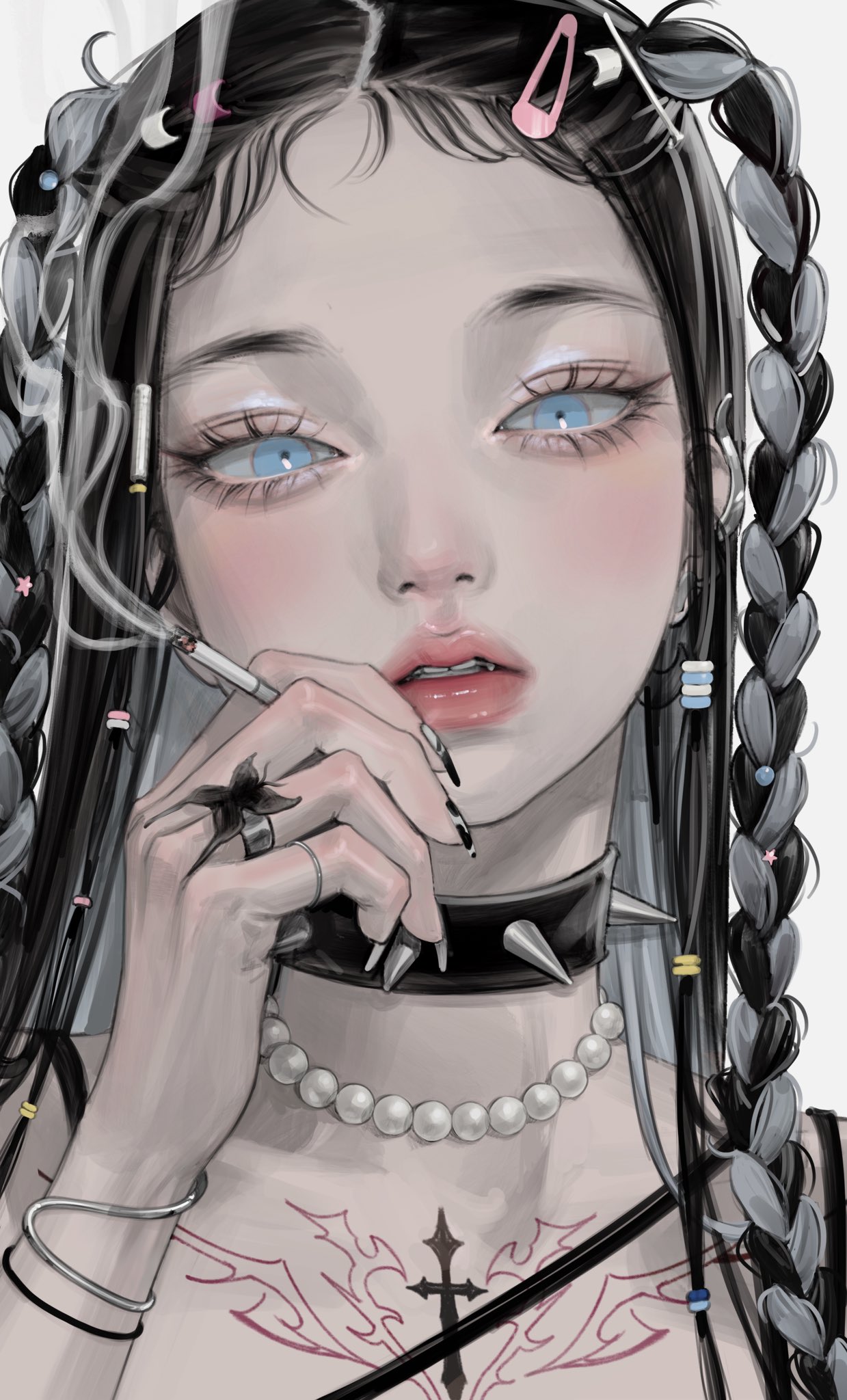 the image is a digital illustration of a stylized anime girl. she has long, braided hair with various small accessories like hair clips and beads woven into the braids.  her eyes are a striking blue, and her skin is pale. she's wearing a spiked choker, a pearl necklace, several rings, and bracelets.  she also has a prominent cross and tribalstyle tattoo on her chest.  the most striking feature is her holding a lit cigarette, adding to the moody and slightly edgy atmosphere. the art style is a blend of realism and anime aesthetics with detailed features and soft shading. the overall tone is dark, yet elegant, and the girl has a cool, sophisticated expression.