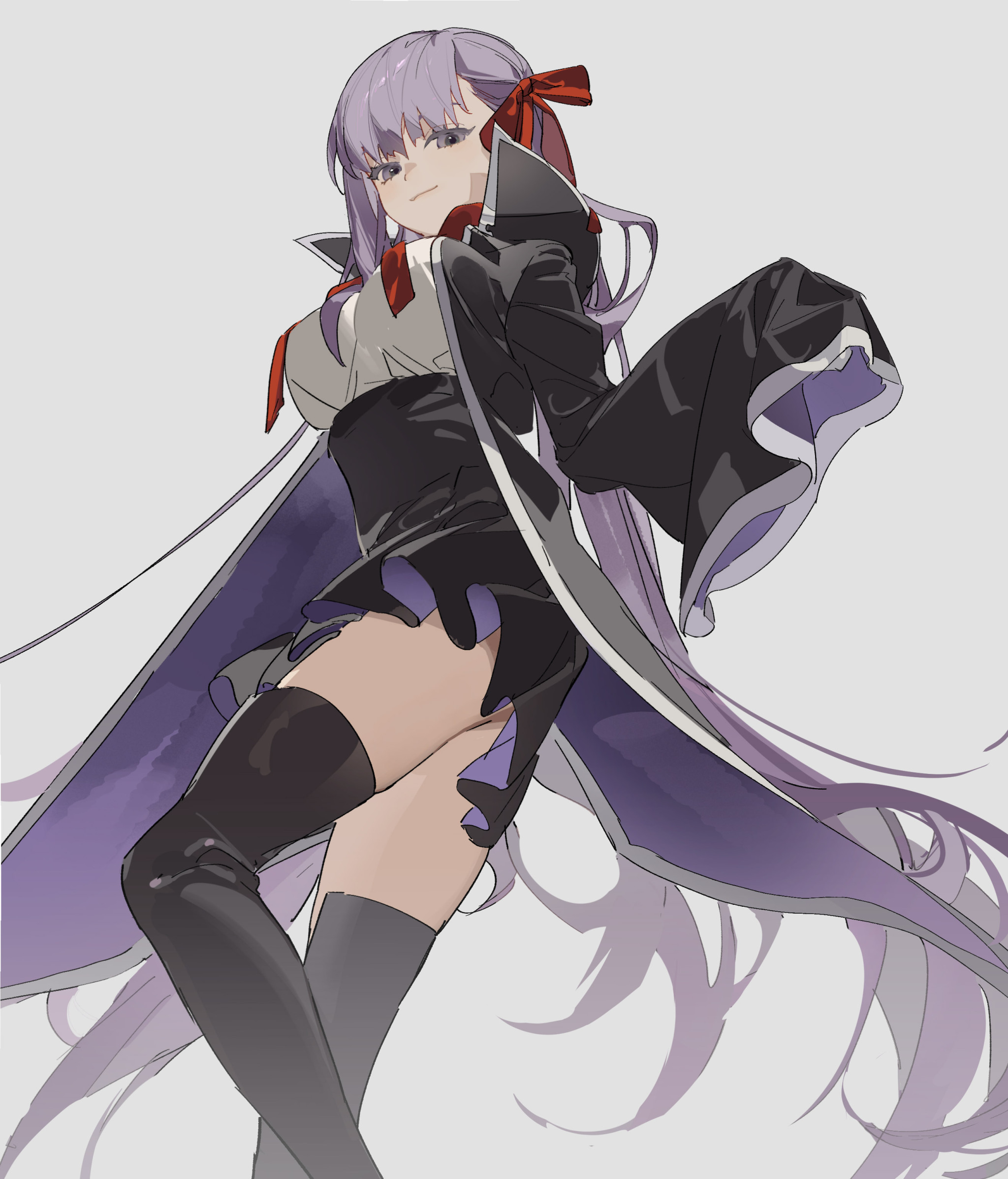 an animestyle illustration depicts a woman with long, flowing purple hair adorned with a red ribbon. she is dressed in a black dress with long sleeves and thighhigh boots. the character is standing against a plain background, with her pose and attire suggesting a confident or powerful presence. the style is reminiscent of japanese anime or manga, with attention to detail in the hair and clothing.