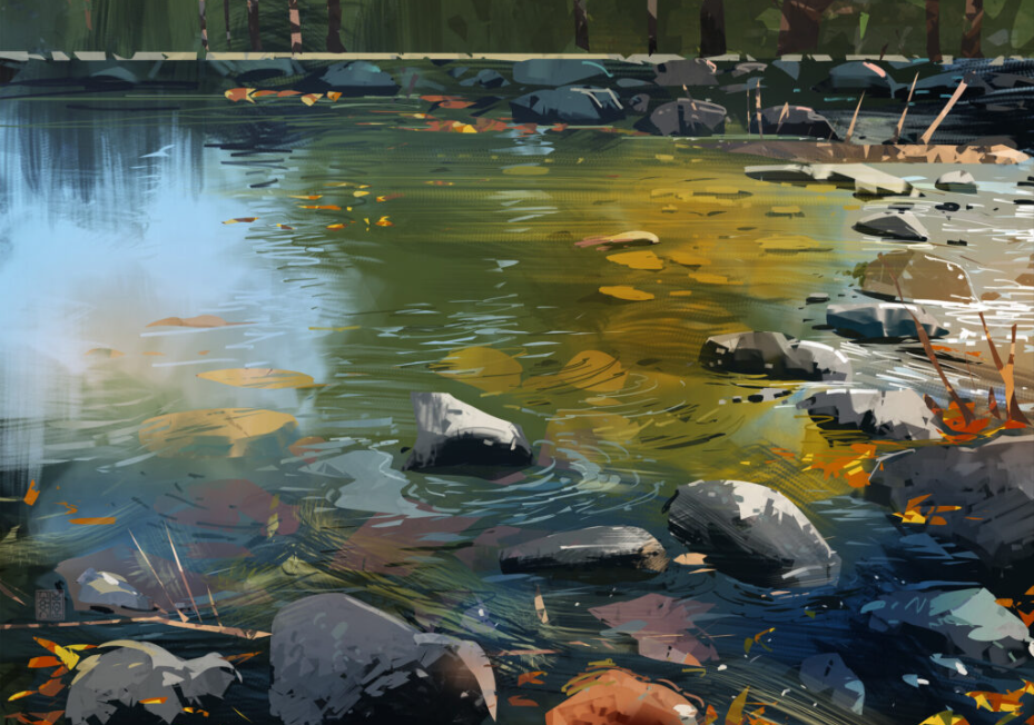 this image shows a shallow riverbed with clear water flowing over rocks of various sizes. the sunlight shines brightly, creating reflections on the water's surface.  the surrounding environment appears to be lush and green, with a few trees visible in the background. fallen autumn leaves in red, orange and yellow add a touch of fall colors to the scene.