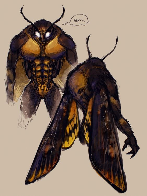 the image shows two different interpretations of the mythical creature mothman. both figures are humanoid in shape, with large moth wings and glowing white eyes. the left figure is more muscular and upright, while the right figure is hunched over with its wings spread. the figures are drawn in a dark and gritty style, with a limited color palette of browns, yellows, and blacks.