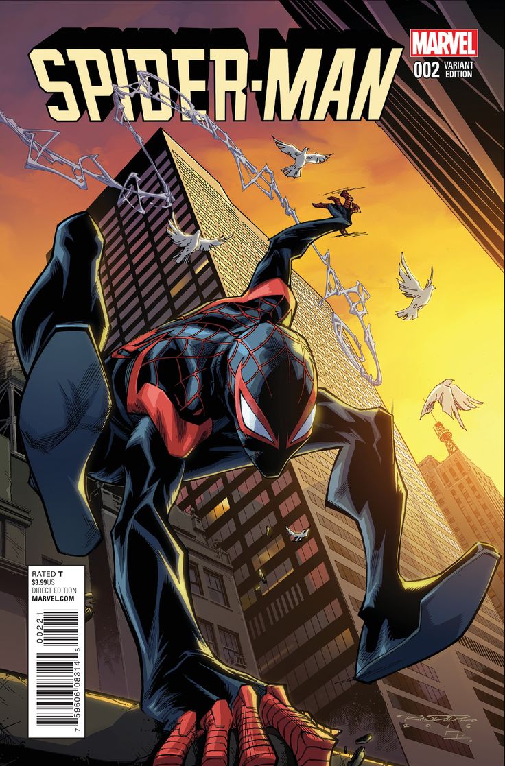 the image features a closeup of miles morales as spiderman, swinging through a city. he is in midair, his red and black suit flowing behind him. miles morales' mask is pulled up, revealing his face with a determined expression. the background shows a detailed cityscape with tall skyscrapers. the image is filled with a sense of motion and energy, capturing the superhero's dynamic presence. the overall style is vibrant and comic bookesque, typical of marvel comic covers.