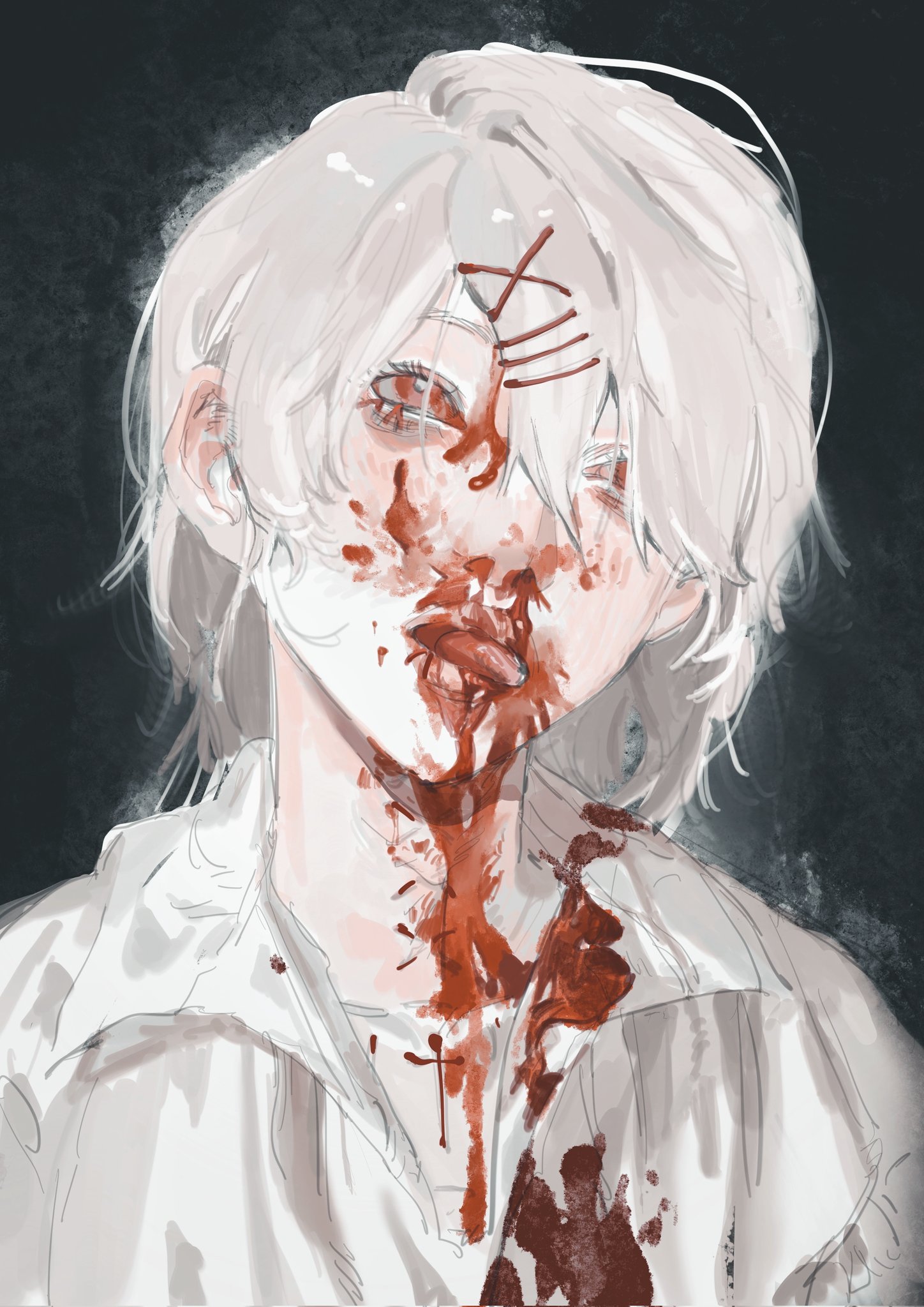 the image portrays a young man with messy, white hair and striking red eyes, his face and clothes splattered with blood.  four distinct stitch marks are visible on his forehead, adding to his distressed appearance. he is positioned against a dark, indistinct background, and the soft lighting accentuates the blood and casts subtle shadows on his face.  his expression is a mixture of pain and chilling indifference, enhancing the unsettling aura of the image.