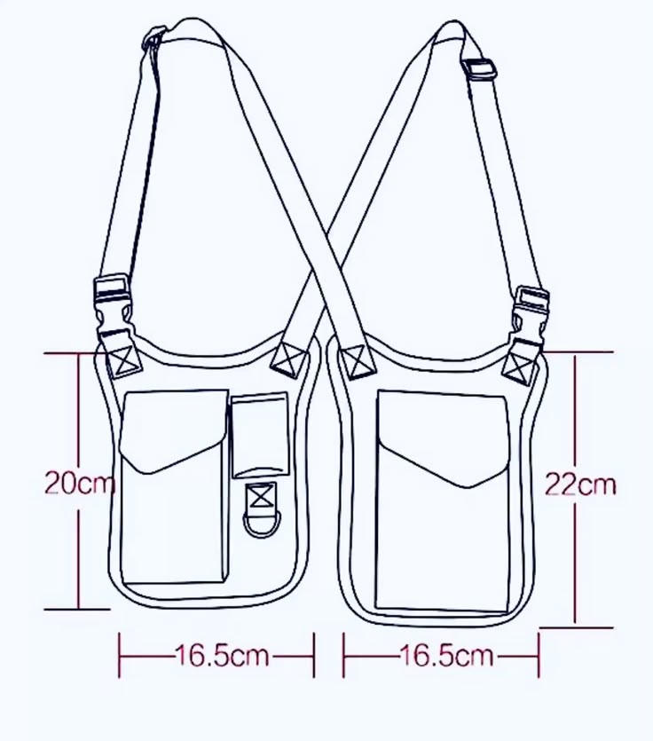 the image shows a diagram of a tactical sling bag with two pouches, each having pockets and straps. dimensions are labeled for height and width of each pouch.
