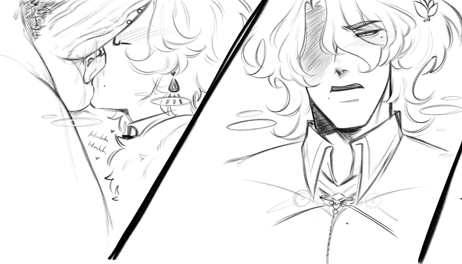 the image shows a sketch of two men in an anime style. one man is turned away as he is kissed on the cheek by the other man. the man receiving the kiss has curly hair, earrings, and is wearing clothing with some kind of emblem on it. the image is split into two panels. the man on the left is kissing the other man on the cheek, with "hahh hahh" written near them implying a breath. the man on the right has a displeased expression.