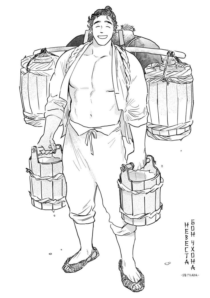 the image is a black and white illustration or drawing of a muscular man with a somewhat stoic expression. he is barechested, wearing loosefitting, traditionalstyle asian clothing (possibly kimonoinspired), and carrying multiple wooden buckets filled with water, likely on a yoke across his shoulders.  he is walking, and his feet are partially visible, appearing to be either bare or wearing simple sandals. the style is reminiscent of manga or graphic novel art, with clean lines and shading to create depth. the background is minimalist and focuses on the man and his burden. there is cyrillic text in the bottom right corner, seemingly unrelated to the image itself.