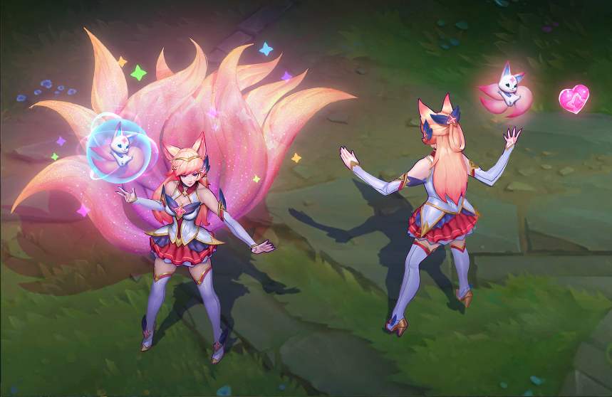 this is an illustration of the star guardian ahri character from the game league of legends. she is a fox spirit with long pink hair and a magical tail, she is wearing a blue and white star guardian outfit. she is standing in a pose, smiling happily. the background is a grassy field with a pink heart in the upper right corner.