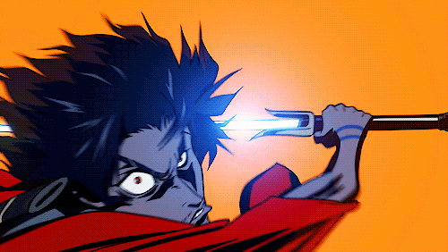 the image is a vibrant, stylized closeup of an anime samurai character in the midst of a fierce sword attack.  the character's hair is dark and spiky,  their eyes are wide with intense focus. they are wearing a red garment. the katana glows with a bright blue energy, suggesting a powerful strike.  the background is a contrasting orange, which enhances the character and the action. the overall style is dynamic and actionpacked, with motion blur suggesting movement. the illustration is reminiscent of graphic novel or anime artwork, showcasing a powerful and intense moment of combat.