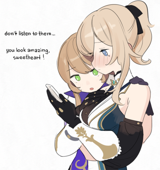 the image shows a digital sketch of two female characters, lumine and jean from the game genshin impact, embracing in a hug. jean, with long blonde hair in a ponytail, is comforting a visibly upset lumine, who has short brown hair and is looking down at a phone in her hands. jean has tears in her eyes and is blushing, while lumine has wide, green eyes. jean is saying, "don't listen to them... you look amazing, sweetheart!" the art style is soft and gentle, emphasizing the emotional connection between the two characters. the color palette consists mostly of warm, light tones, contributing to the overall comforting and supportive mood of the image.