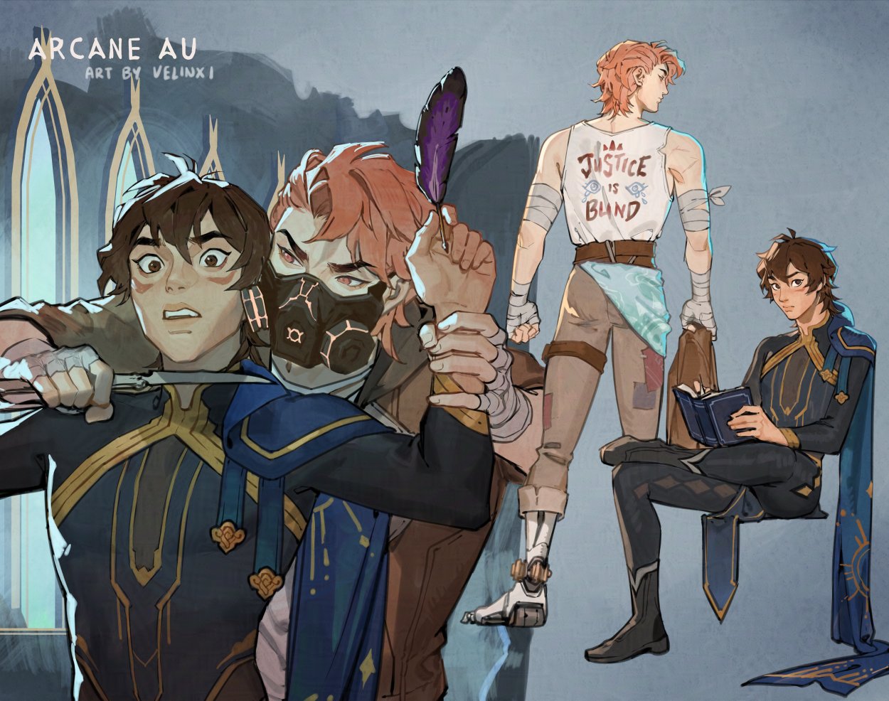 digital illustration featuring multiple characters from the arcane universe in an alternative au setting. the characters include ekko being threatened with a knife, viktor wearing a mask and holding a feather, jayce wearing a tank top that says "justice is blind", and jayce reading a book while sitting. the illustration is fan art created by velinxi.