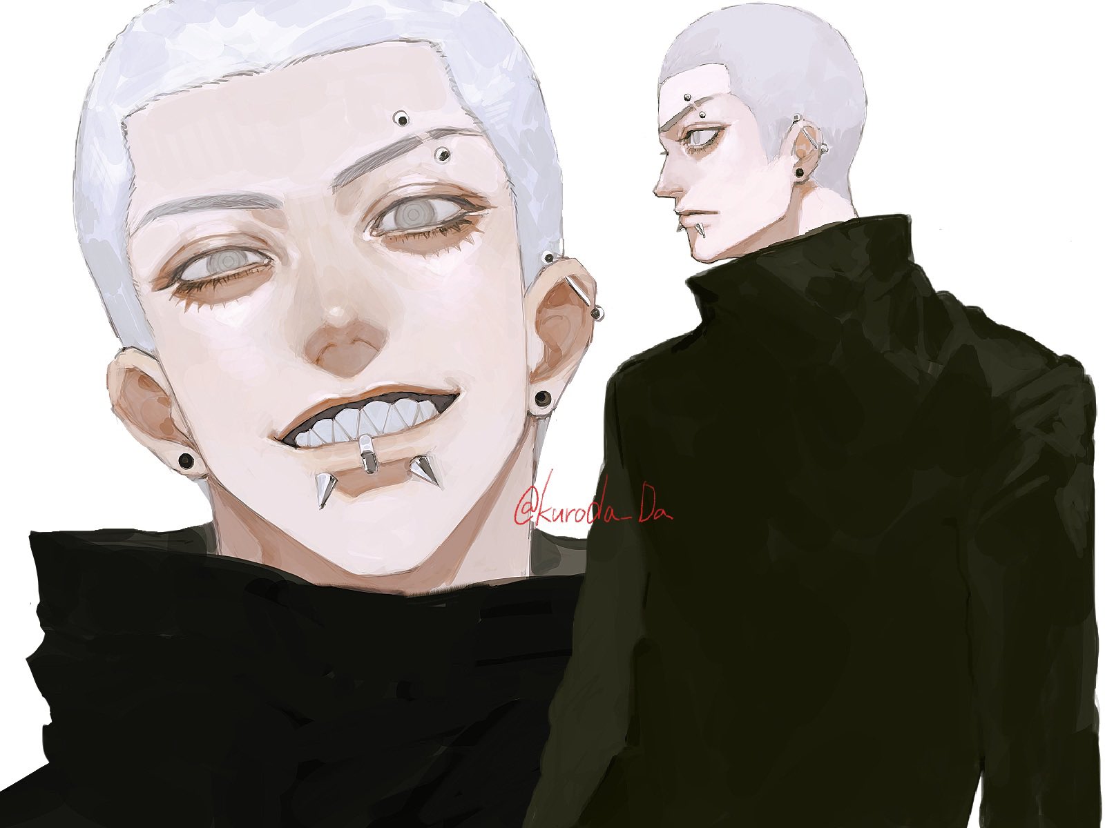 the image showcases a stylish young man with a striking appearance. he sports a shaved head, enhancing his edgy vibe. he has multiple piercings, including eyebrow, ear, and lip piercings, which are prominent features. his attire consists of a darkcolored, highcollared shirt that adds to his cool and mysterious aura. the soft lighting used in the image creates a sense of depth, highlighting his features. the illustration is wellexecuted, capturing his unique style and personality.