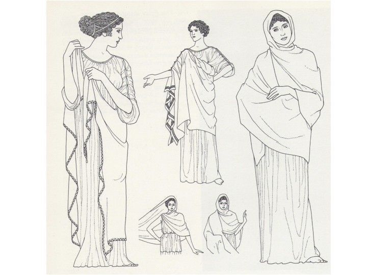the image is a line drawing depicting various styles of clothing worn by women in ancient greece and rome. it includes renderings of the stola, palla, tunica, chiton, peplos, and himation. the drawings showcase how these garments were draped and worn, some with veils, and provide a glimpse into the fashion of classical antiquity.