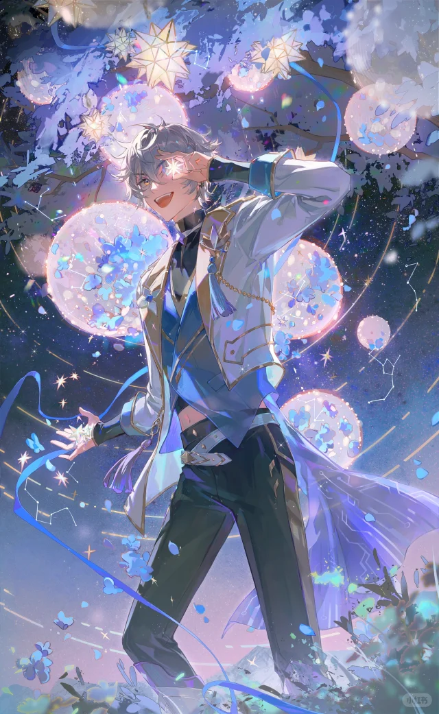 the image is a vibrant digital painting of an animestyle male character. he has silver hair, and is dressed in a flowing, elegant outfit predominantly in shades of blue, white, and silver. his clothing is embellished with glowing details, giving an ethereal feel. he is surrounded by a dreamy, cosmic backdrop filled with stars, constellations, and glowing moons or orbs.  the character's pose is dynamic, and his expression is playful yet confident. the overall style suggests a fantasy or magical setting. the artwork is highly detailed and makes extensive use of light and color to create a visually striking piece.  ribbons and sparkles add further visual interest.