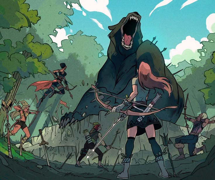 a fantasy illustration depicts a large bear roaring and standing behind a group of archers in a forest. the archers, armed with bows and arrows, are in various action poses, seemingly engaged in a fight with the bear. arrows are embedded in the bear and scattered around the forest floor along with swords. the background shows trees and a glimpse of the sky.