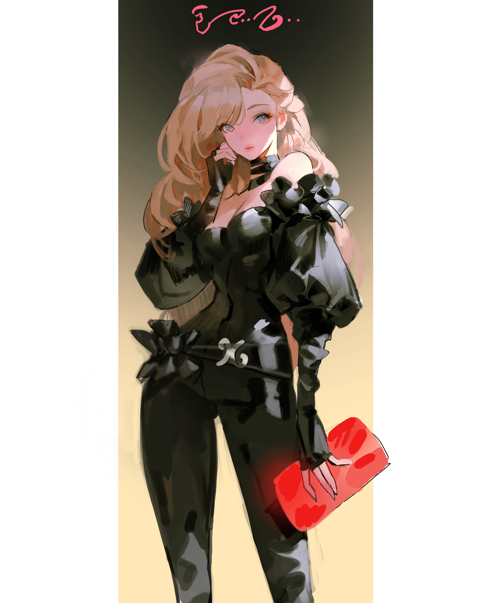 anime illustration of a fairskinned woman with long blonde hair in a black outfit with puff sleeves and gloves, holding a red clutch. she wears a black choker.