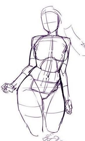 a sketch of a female figure in a standing pose. the drawing is done with a dark line and shows the basic shapes of the body.